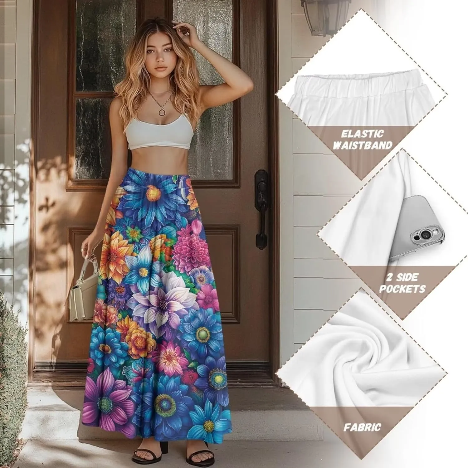 Women Casual High Waist Skirt Summer Boho Maxi A-line Beach Flowy Skirt Elastic Ankel Length Skirts Size S-2XL