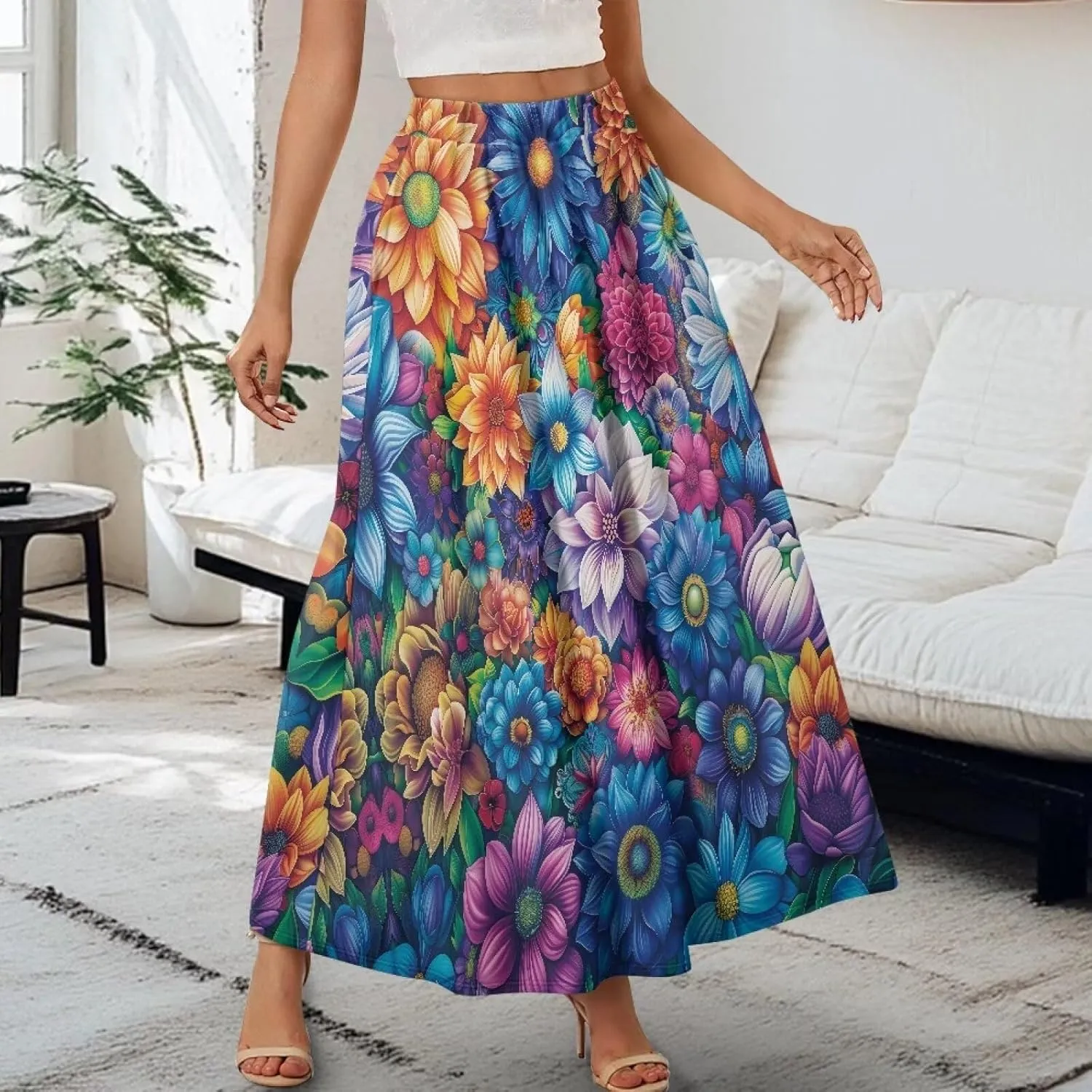 Women Casual High Waist Skirt Summer Boho Maxi A-line Beach Flowy Skirt Elastic Ankel Length Skirts Size S-2XL