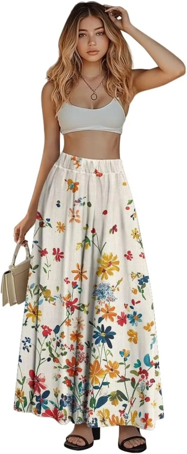 Women Casual High Waist Skirt Summer Boho Maxi A-line Beach Flowy Skirt Elastic Ankel Length Skirts Size S-2XL