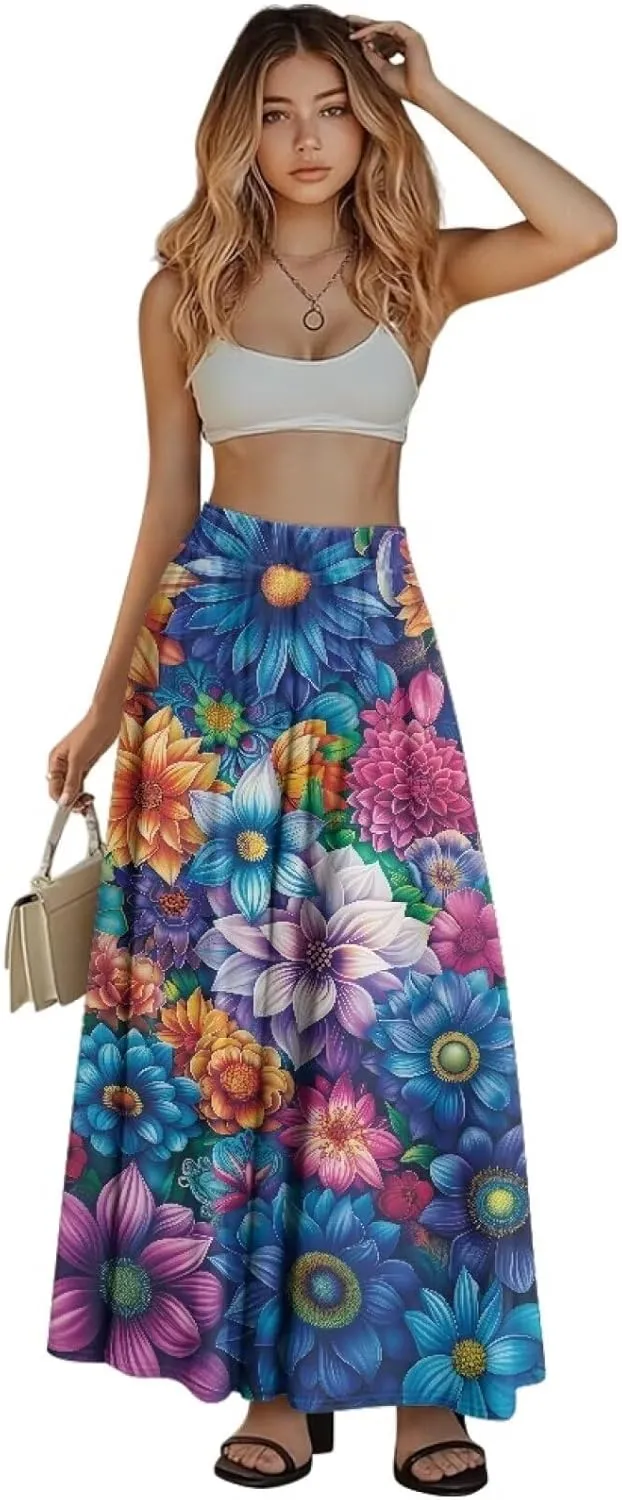 Women Casual High Waist Skirt Summer Boho Maxi A-line Beach Flowy Skirt Elastic Ankel Length Skirts Size S-2XL