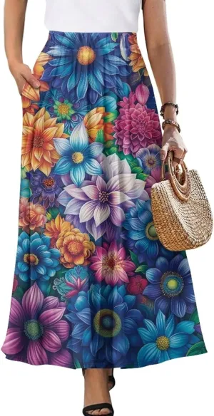 Women Casual High Waist Skirt Summer Boho Maxi A-line Beach Flowy Skirt Elastic Ankel Length Skirts Size S-2XL