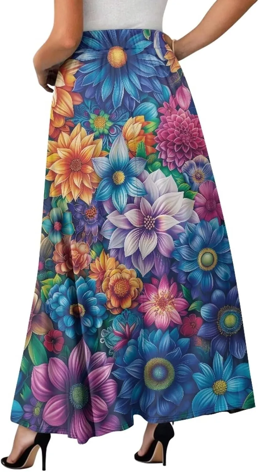 Women Casual High Waist Skirt Summer Boho Maxi A-line Beach Flowy Skirt Elastic Ankel Length Skirts Size S-2XL
