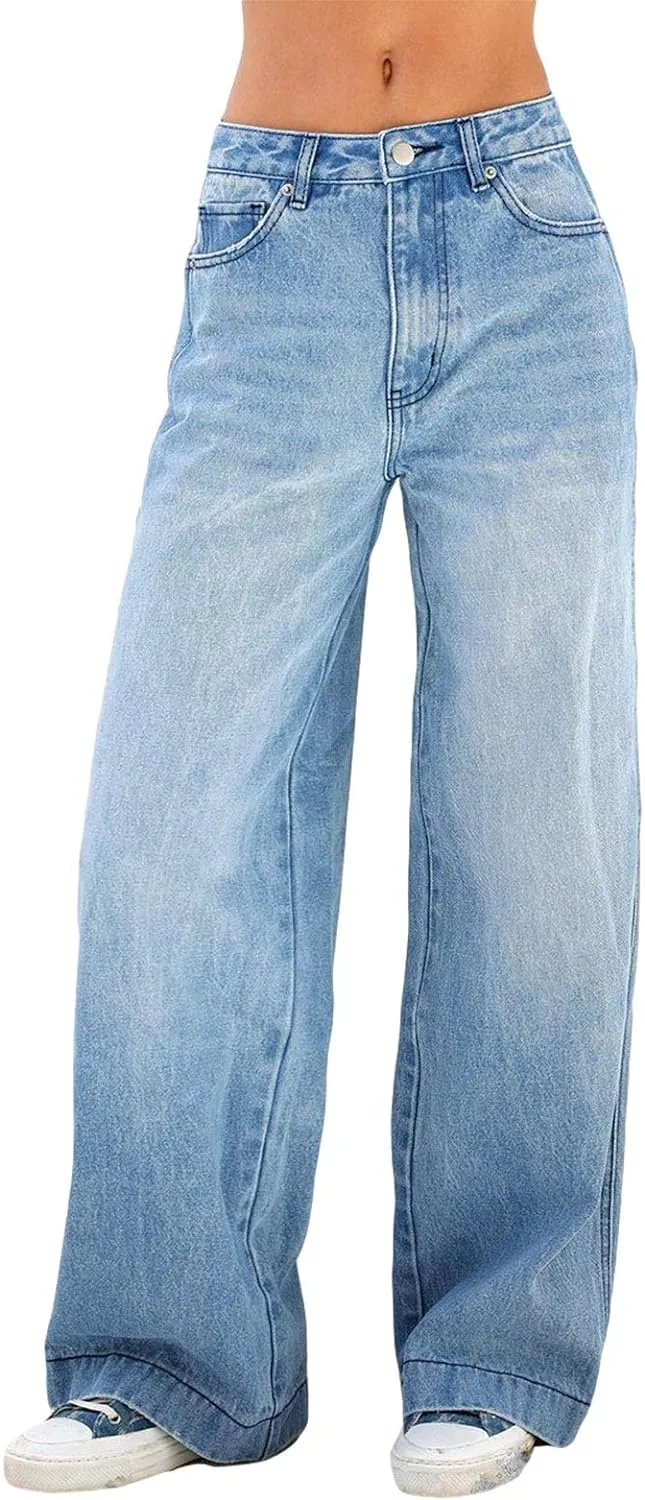 Women Fashion Denim Pants High Waist Straight Leg Baggy E-Girls Boyfriend Jeans Trousers Streetwear