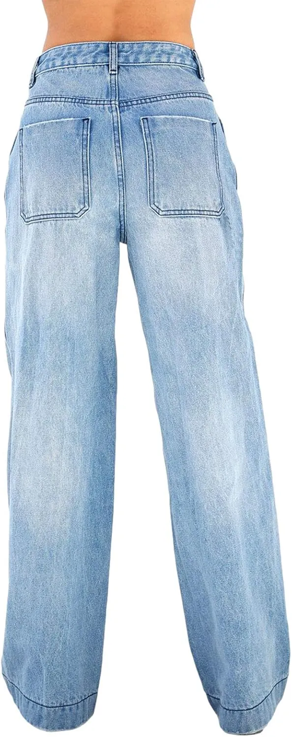 Women Fashion Denim Pants High Waist Straight Leg Baggy E-Girls Boyfriend Jeans Trousers Streetwear