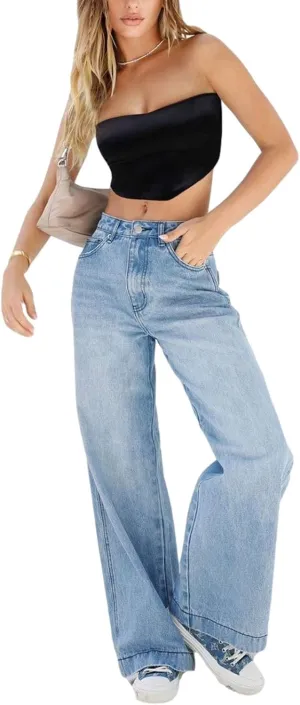 Women Fashion Denim Pants High Waist Straight Leg Baggy E-Girls Boyfriend Jeans Trousers Streetwear