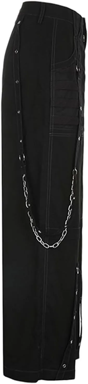 Women Gothic Black Cargo Pants Y2K High Waist Baggy Jeans Rock Style Cargo Pants with Chain Harajuku Streetwear