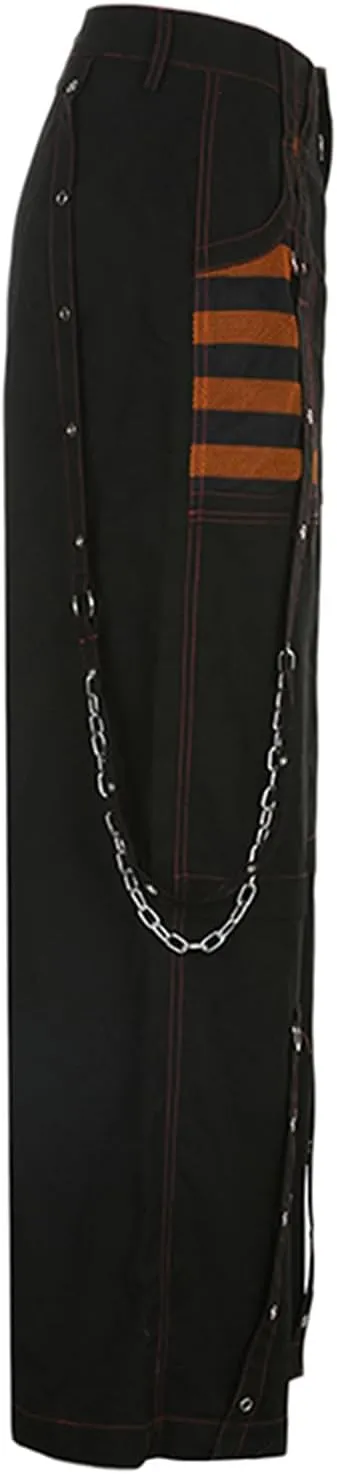 Women Gothic Black Cargo Pants Y2K High Waist Baggy Jeans Rock Style Cargo Pants with Chain Harajuku Streetwear