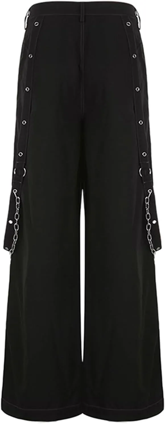 Women Gothic Black Cargo Pants Y2K High Waist Baggy Jeans Rock Style Cargo Pants with Chain Harajuku Streetwear