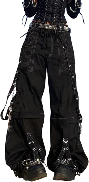 Women Gothic Black Cargo Pants Y2K High Waist Baggy Jeans Rock Style Cargo Pants with Chain Harajuku Streetwear