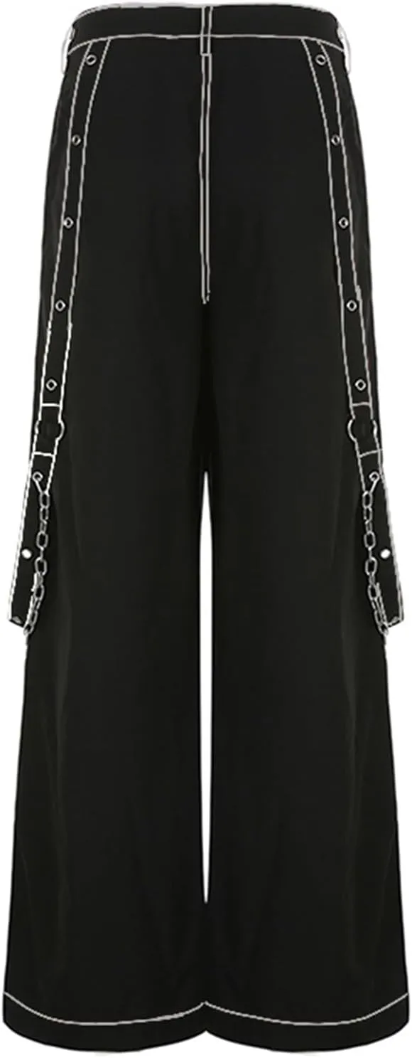 Women Gothic Black Cargo Pants Y2K High Waist Baggy Jeans Rock Style Cargo Pants with Chain Harajuku Streetwear