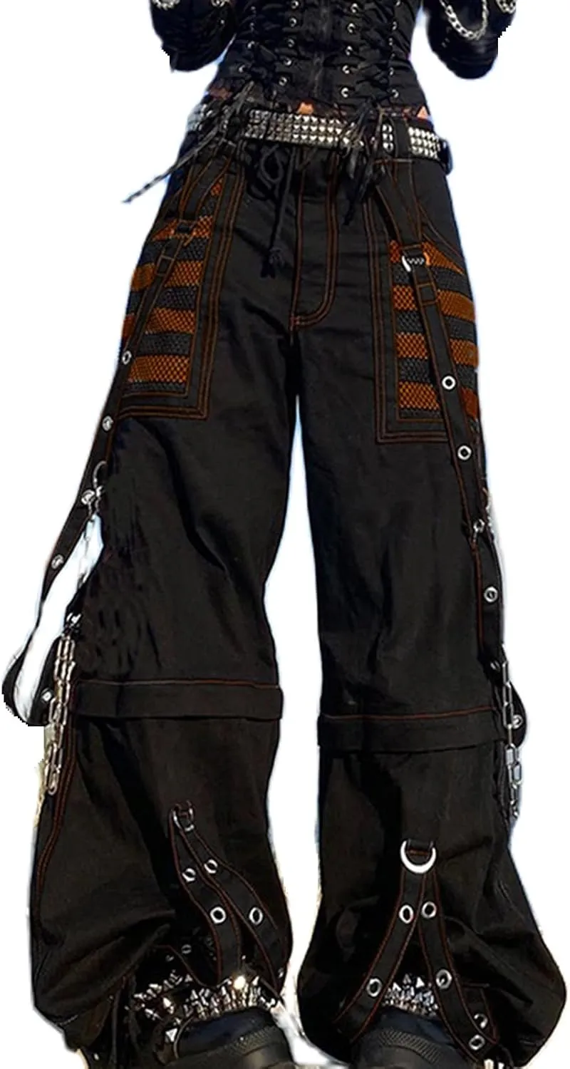 Women Gothic Black Cargo Pants Y2K High Waist Baggy Jeans Rock Style Cargo Pants with Chain Harajuku Streetwear