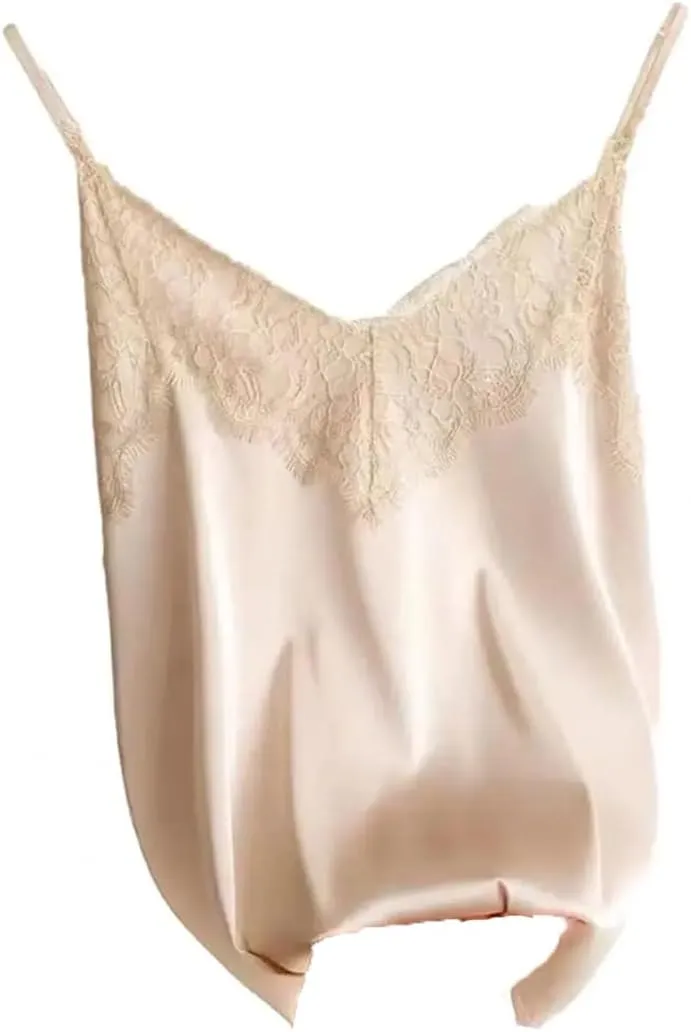 Women Lace Patchwork Backless Spaghetti Strap V Neck Silky Soft Casual Sexy Tank Tops Sexy Lace Camisole
