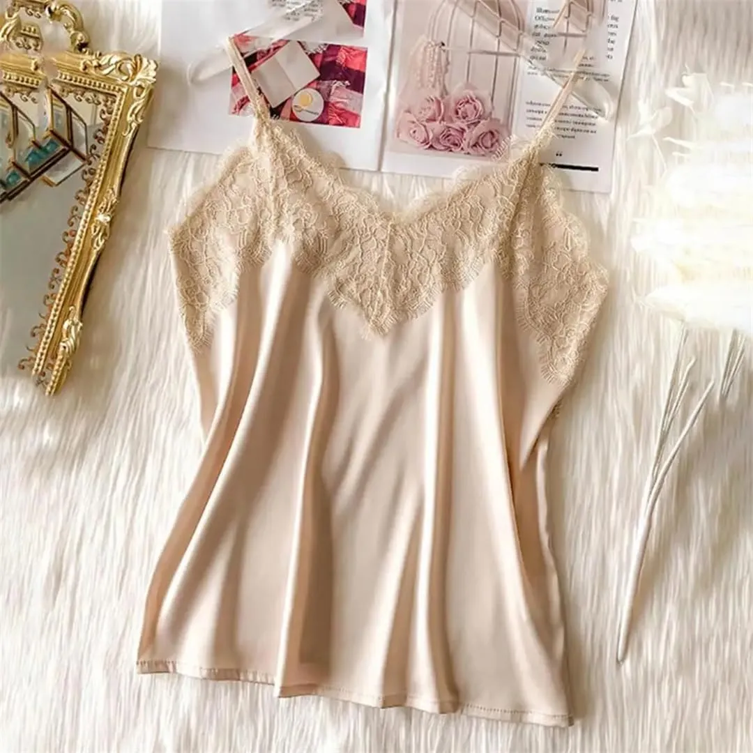 Women Lace Patchwork Backless Spaghetti Strap V Neck Silky Soft Casual Sexy Tank Tops Sexy Lace Camisole