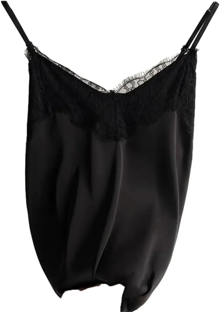 Women Lace Patchwork Backless Spaghetti Strap V Neck Silky Soft Casual Sexy Tank Tops Sexy Lace Camisole