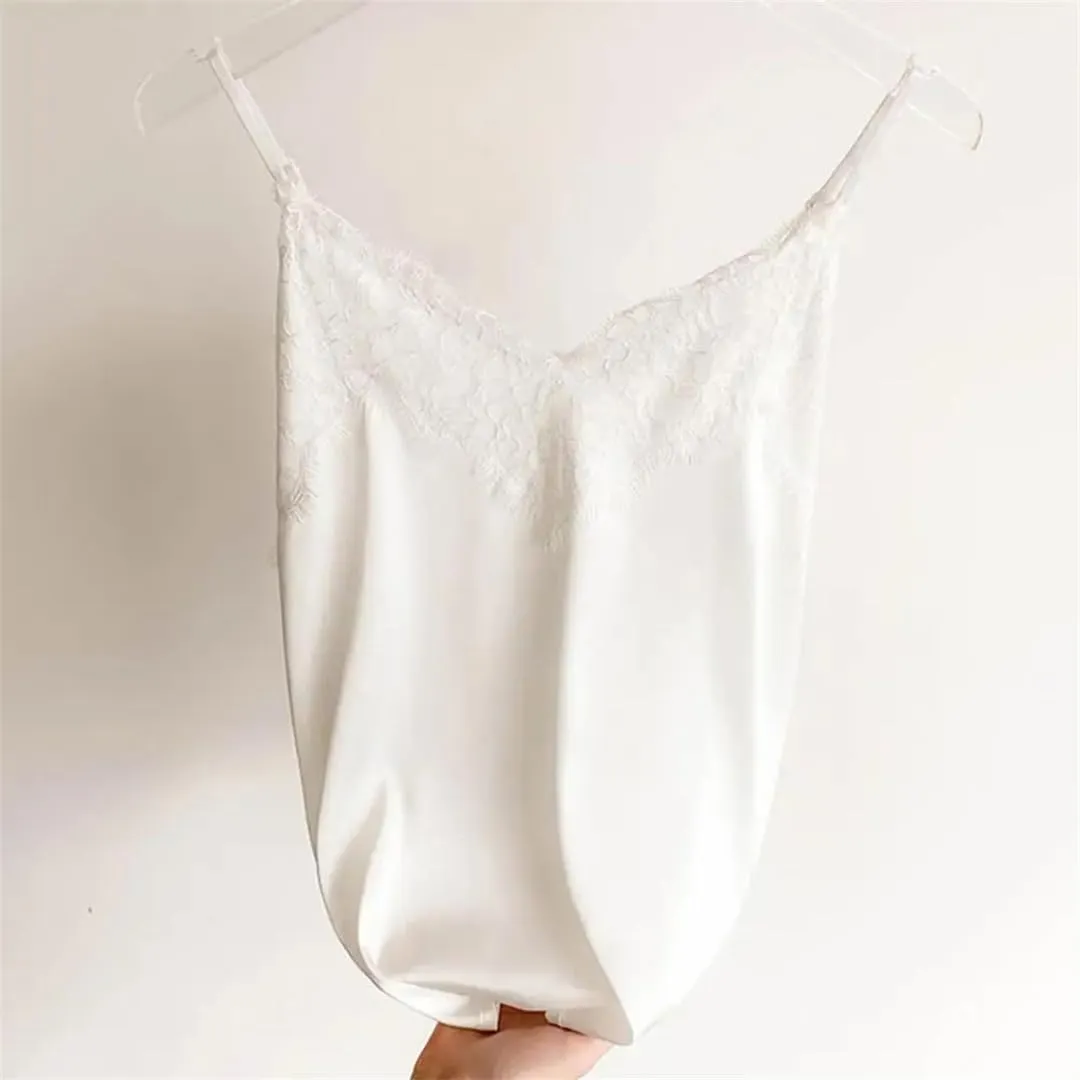 Women Lace Patchwork Backless Spaghetti Strap V Neck Silky Soft Casual Sexy Tank Tops Sexy Lace Camisole