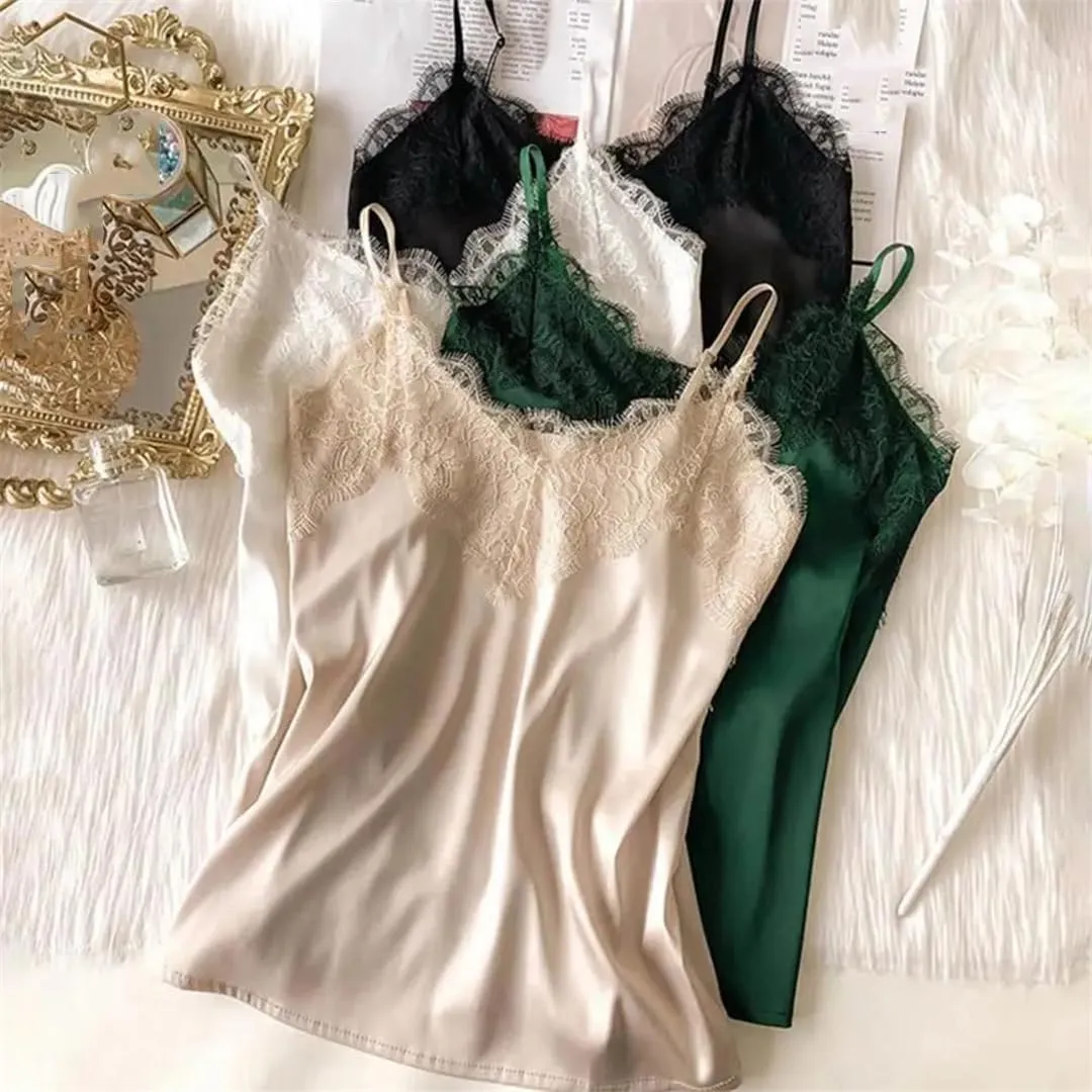 Women Lace Patchwork Backless Spaghetti Strap V Neck Silky Soft Casual Sexy Tank Tops Sexy Lace Camisole