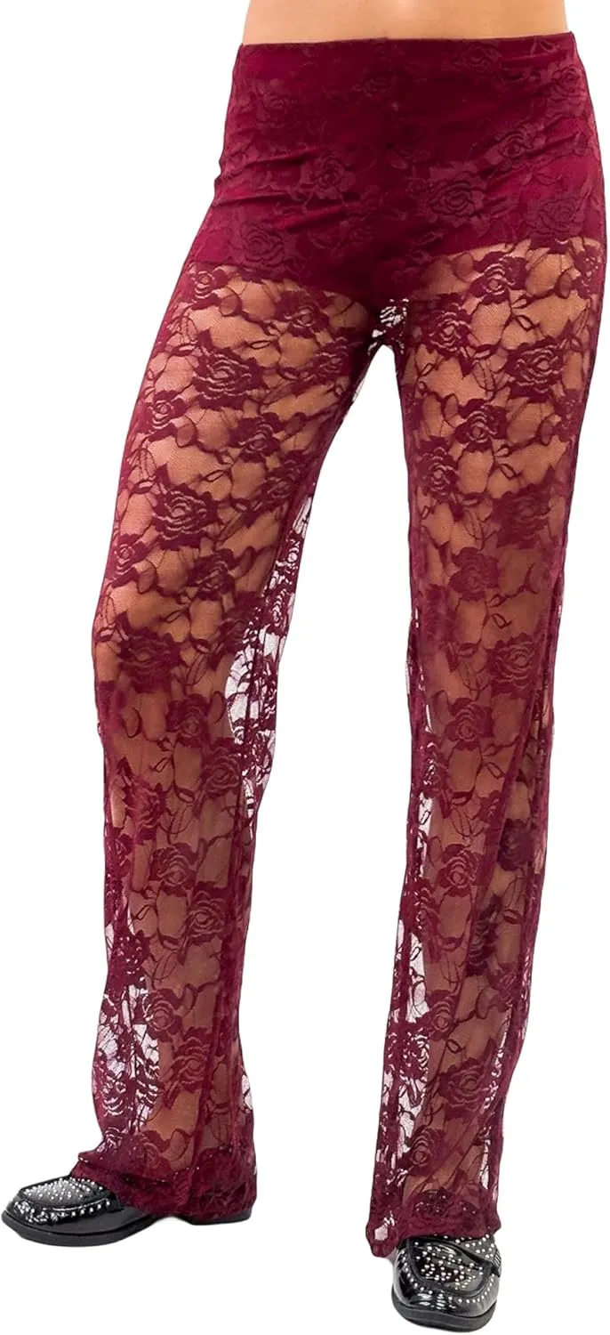 Women Layered Ruffle Tulle Pants High Waist Wide Leg Long Trousers Sheer Mesh Tiered Party Pants