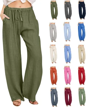 Women Linen Palazzo Pants Summer Cotton Flowy Pants Drawstring Wide Leg Lightweight Pants Cute Beach Loose Trousers