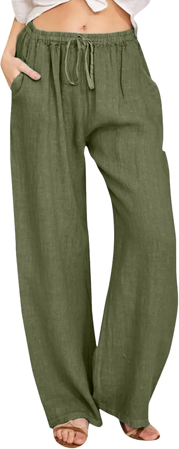 Women Linen Palazzo Pants Summer Cotton Flowy Pants Drawstring Wide Leg Lightweight Pants Cute Beach Loose Trousers
