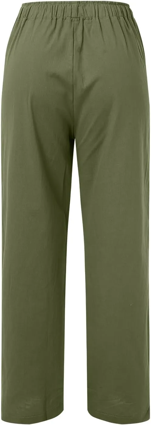 Women Linen Palazzo Pants Summer Cotton Flowy Pants Drawstring Wide Leg Lightweight Pants Cute Beach Loose Trousers