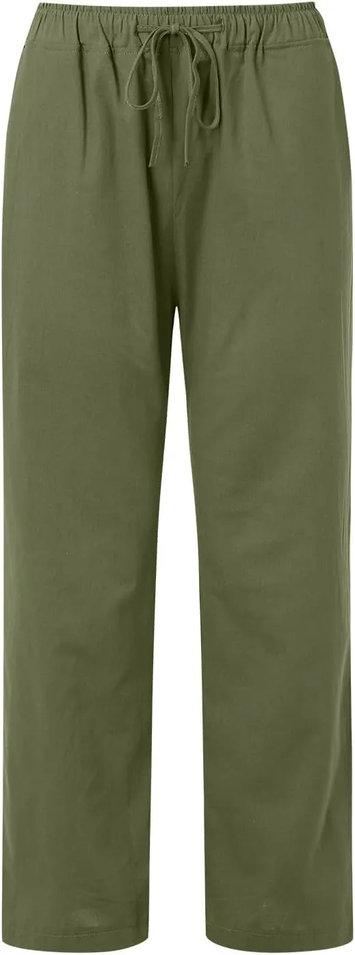 Women Linen Palazzo Pants Summer Cotton Flowy Pants Drawstring Wide Leg Lightweight Pants Cute Beach Loose Trousers