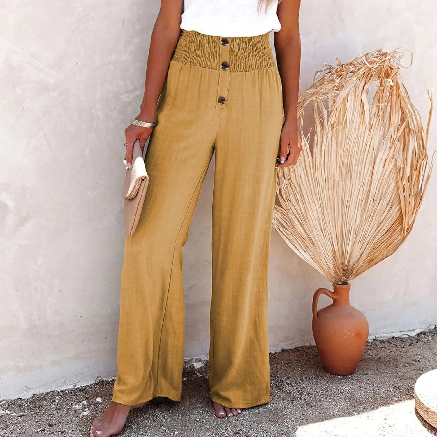 Women Linen Pants 2024 Dressy Comfy Flowy Wide Leg Pant Trouser Summer Trendy High Waisted Beach Stretch Palazzo Pant