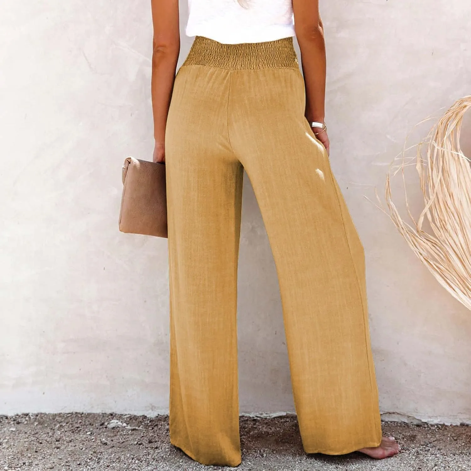 Women Linen Pants 2024 Dressy Comfy Flowy Wide Leg Pant Trouser Summer Trendy High Waisted Beach Stretch Palazzo Pant