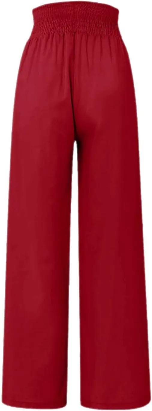 Women Linen Pants 2024 Dressy Comfy Flowy Wide Leg Pant Trouser Summer Trendy High Waisted Beach Stretch Palazzo Pant