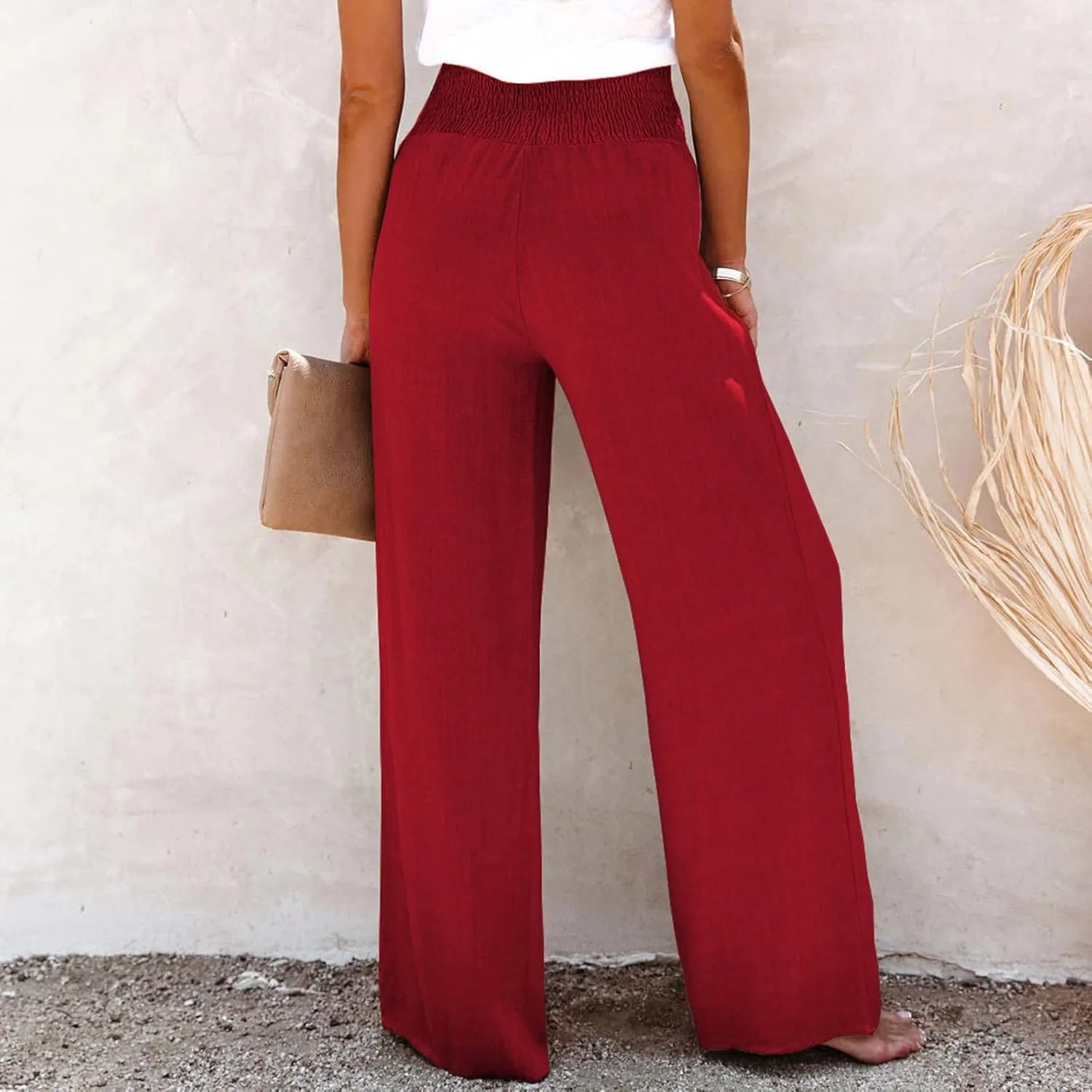 Women Linen Pants 2024 Dressy Comfy Flowy Wide Leg Pant Trouser Summer Trendy High Waisted Beach Stretch Palazzo Pant