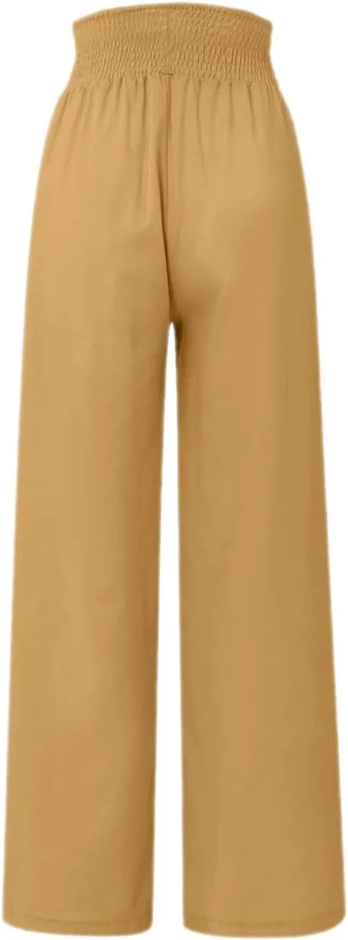 Women Linen Pants 2024 Dressy Comfy Flowy Wide Leg Pant Trouser Summer Trendy High Waisted Beach Stretch Palazzo Pant