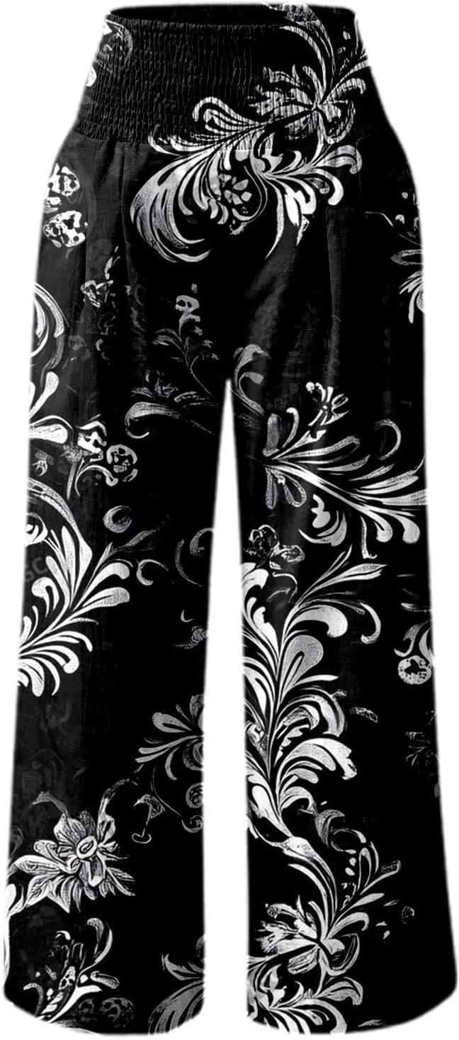 Women Linen Pants 2025 Summer Casual Loose Wide Leg Palazzo Pants Smocked High Waist Flowy Beach Trousers