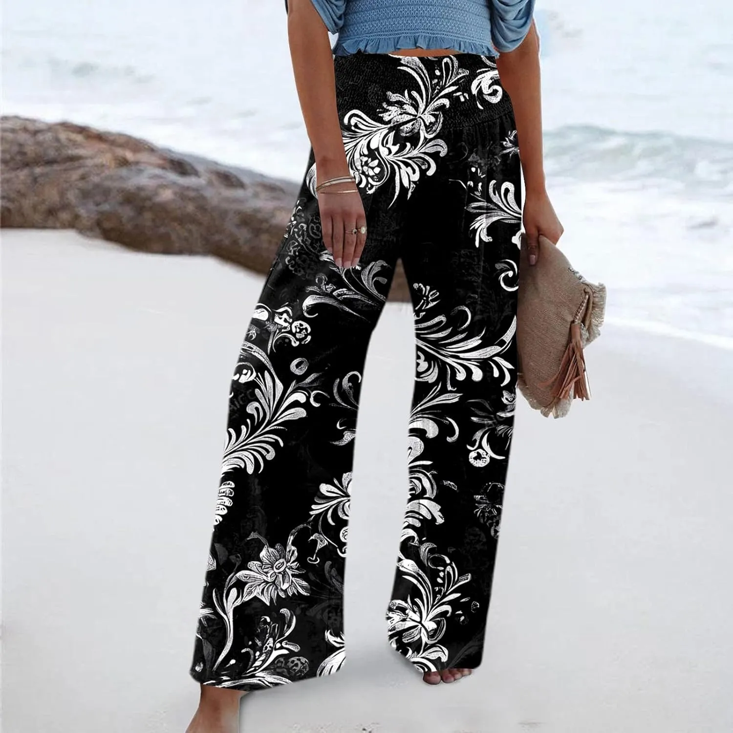 Women Linen Pants 2025 Summer Casual Loose Wide Leg Palazzo Pants Smocked High Waist Flowy Beach Trousers