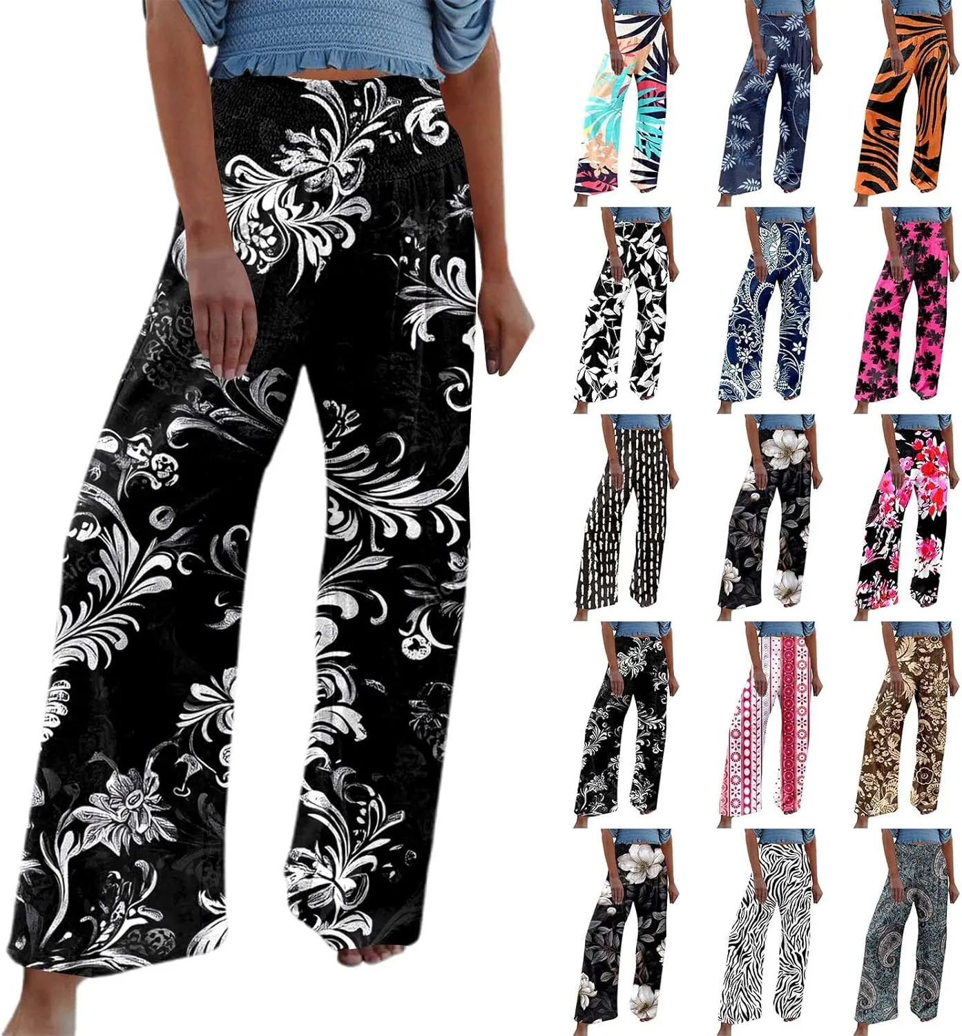 Women Linen Pants 2025 Summer Casual Loose Wide Leg Palazzo Pants Smocked High Waist Flowy Beach Trousers