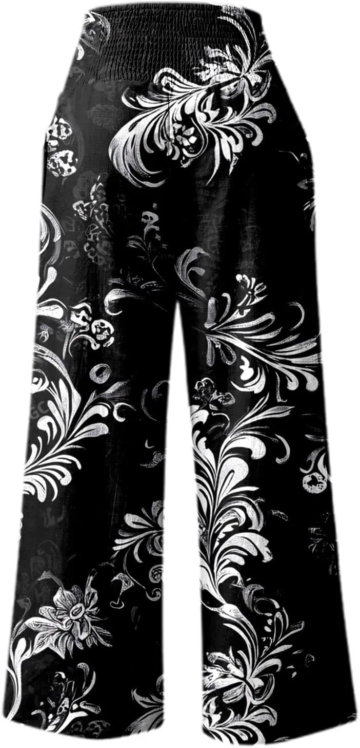 Women Linen Pants 2025 Summer Casual Loose Wide Leg Palazzo Pants Smocked High Waist Flowy Beach Trousers
