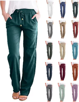Women Linen Pants Beach Wide Leg Drawstring Joggers Cotton Loose Gauze Pants Summer Cute Causal Lightweight Trousers