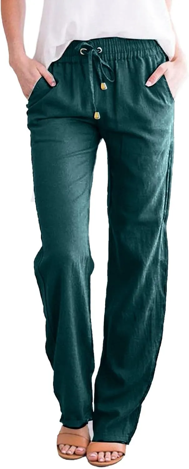 Women Linen Pants Beach Wide Leg Drawstring Joggers Cotton Loose Gauze Pants Summer Cute Causal Lightweight Trousers