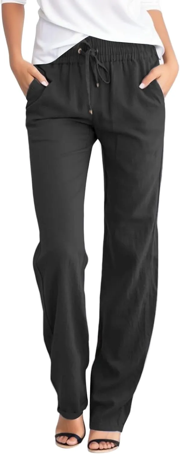 Women Linen Pants Beach Wide Leg Drawstring Joggers Cotton Loose Gauze Pants Summer Cute Causal Lightweight Trousers