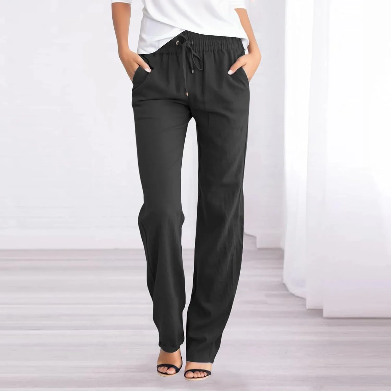 Women Linen Pants Beach Wide Leg Drawstring Joggers Cotton Loose Gauze Pants Summer Cute Causal Lightweight Trousers