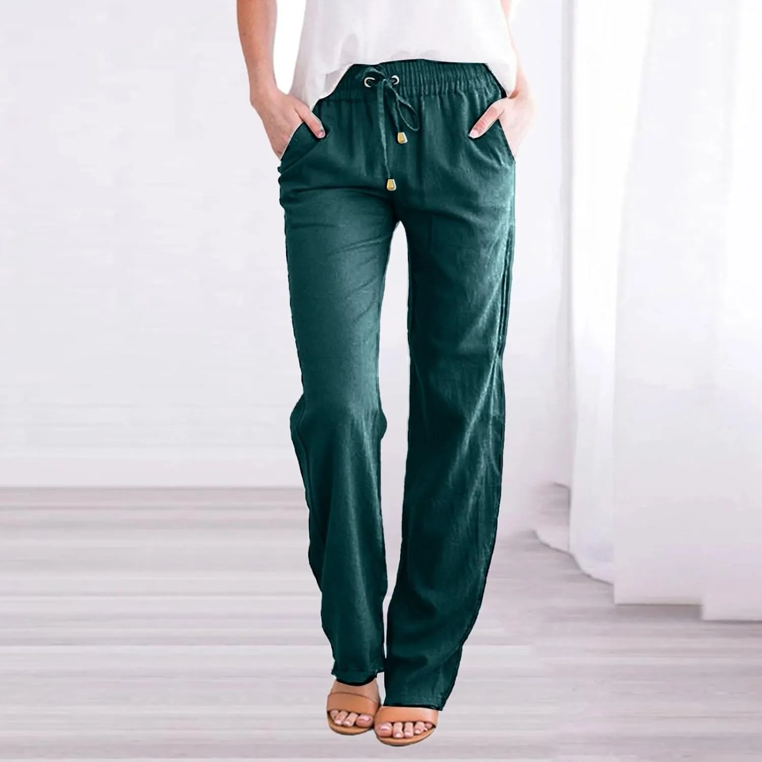 Women Linen Pants Beach Wide Leg Drawstring Joggers Cotton Loose Gauze Pants Summer Cute Causal Lightweight Trousers