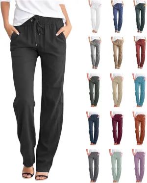 Women Linen Pants Beach Wide Leg Drawstring Joggers Cotton Loose Gauze Pants Summer Cute Causal Lightweight Trousers