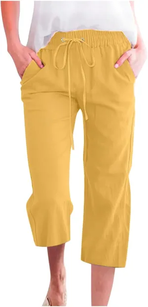 Women Plus Size Cotton Linen Capris Pants Drawstring Elastic High Waist Wide Leg Cropped Pants Lounge Trousers Slacks