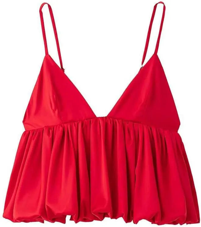 Women Red Pleated Camisole Tops with Vintage Backless Thin Straps V-Neck Design