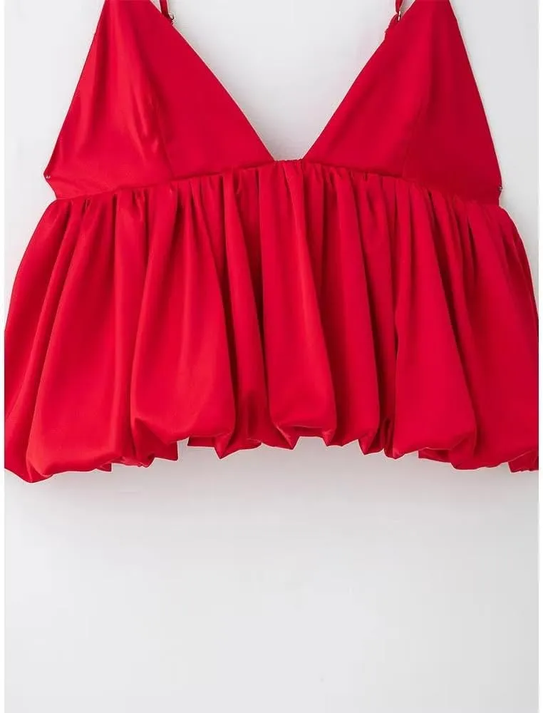 Women Red Pleated Camisole Tops with Vintage Backless Thin Straps V-Neck Design
