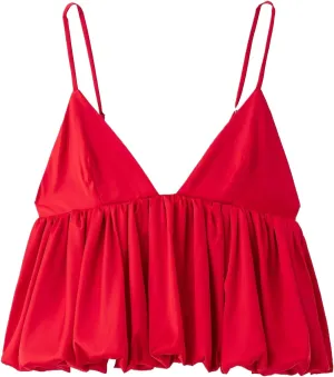 Women Red Pleated Camisole Tops with Vintage Backless Thin Straps V-Neck Design