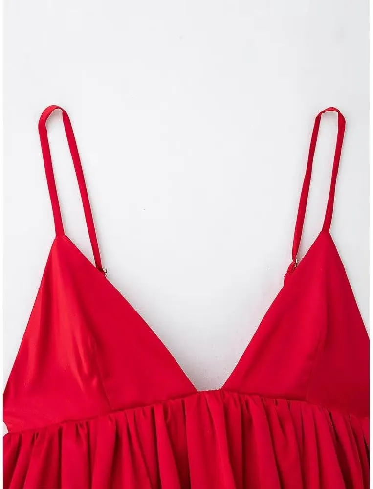 Women Red Pleated Camisole Tops with Vintage Backless Thin Straps V-Neck Design