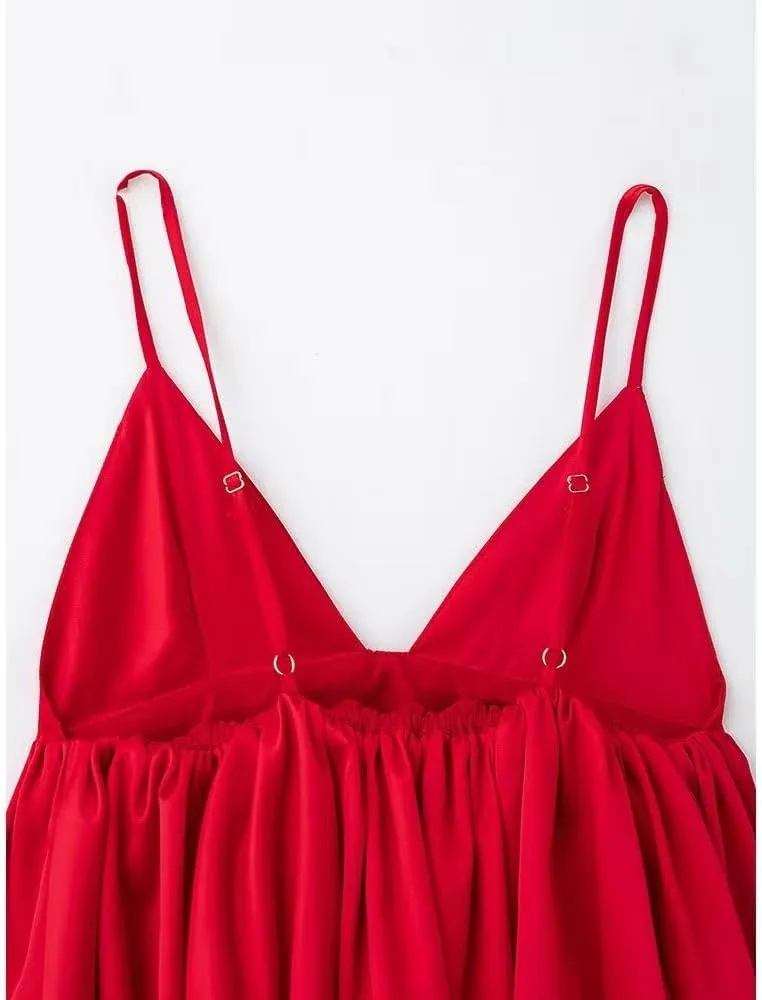 Women Red Pleated Camisole Tops with Vintage Backless Thin Straps V-Neck Design