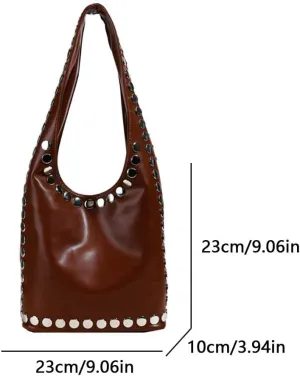 Women Rivet Bucket Handbag PU Leather Retro Underarm Bag Work Bag (Light Brown)