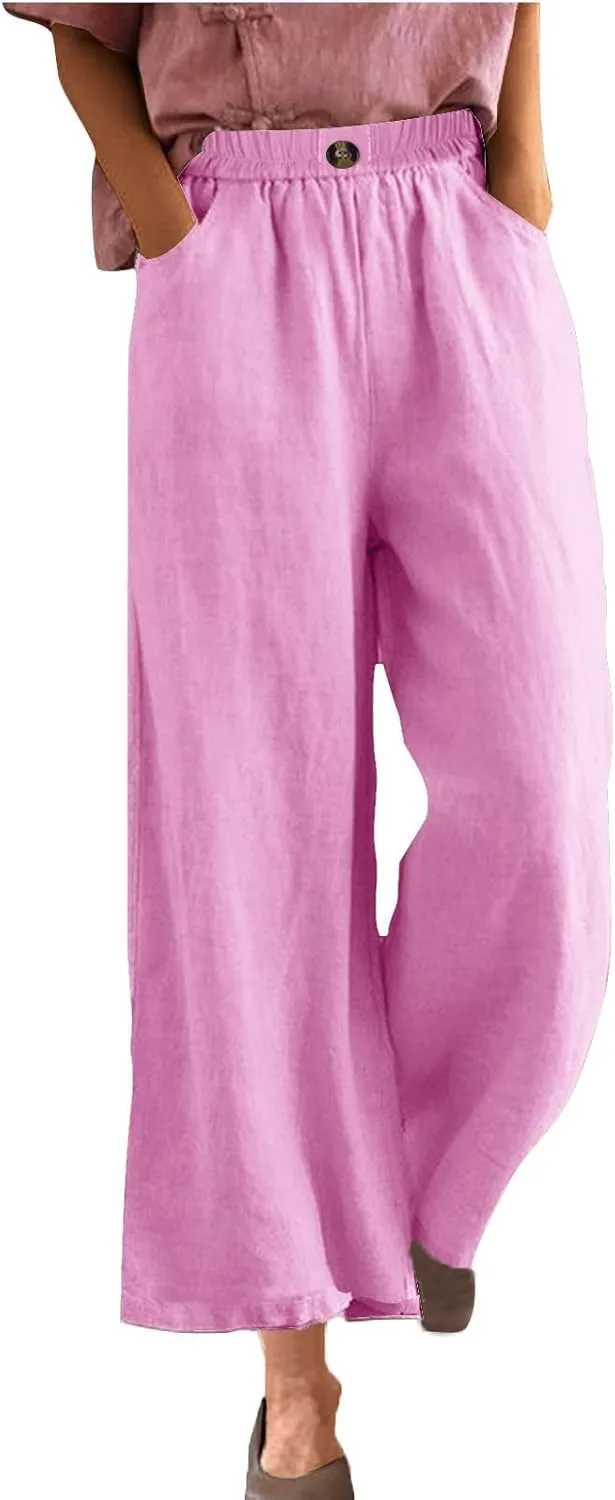 Women Solid Cotton Linen Cropped Pant, Lightweight Comfy Summer Going Out Vacation Clothes Elastic Waist Pockets Trousers