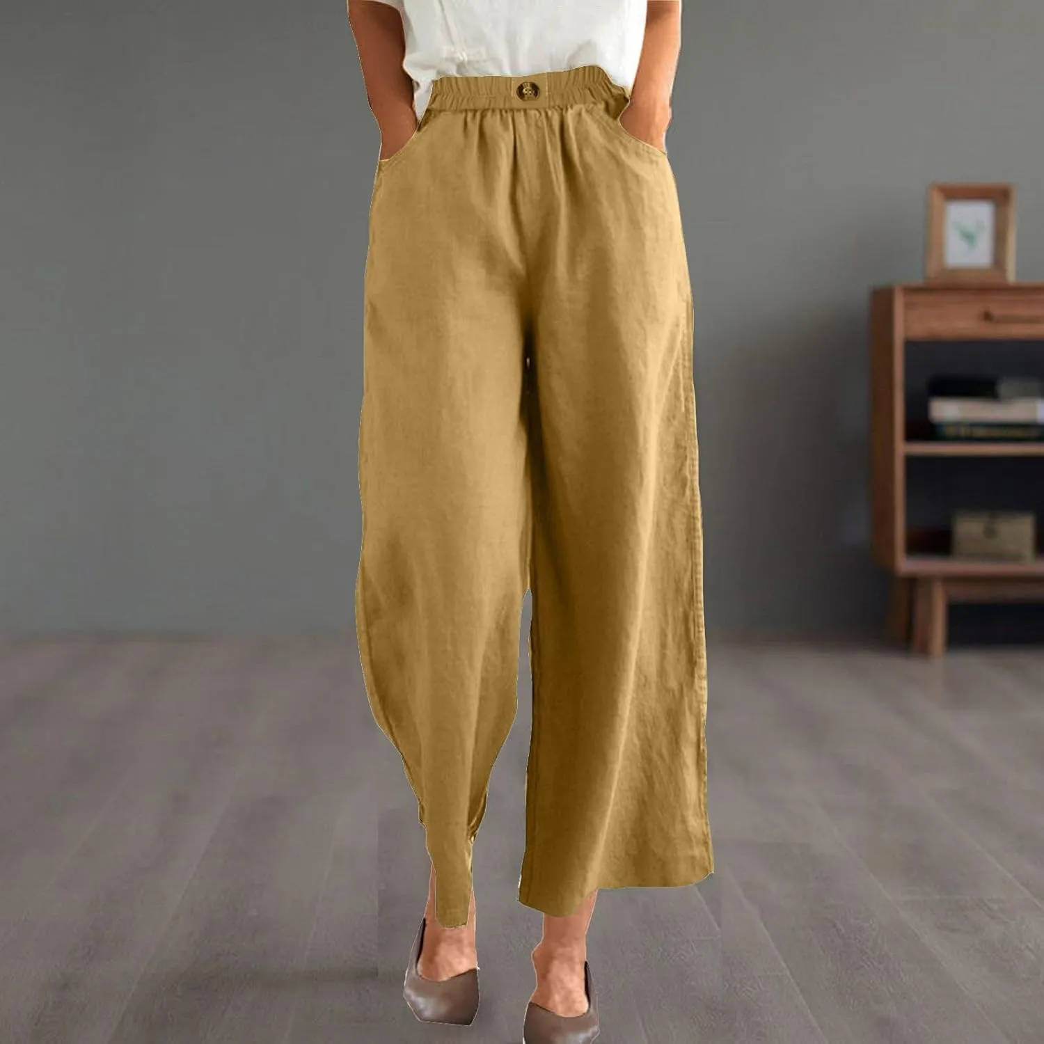 Women Solid Cotton Linen Cropped Pant, Lightweight Comfy Summer Going Out Vacation Clothes Elastic Waist Pockets Trousers