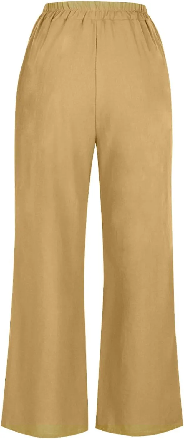Women Solid Cotton Linen Cropped Pant, Lightweight Comfy Summer Going Out Vacation Clothes Elastic Waist Pockets Trousers